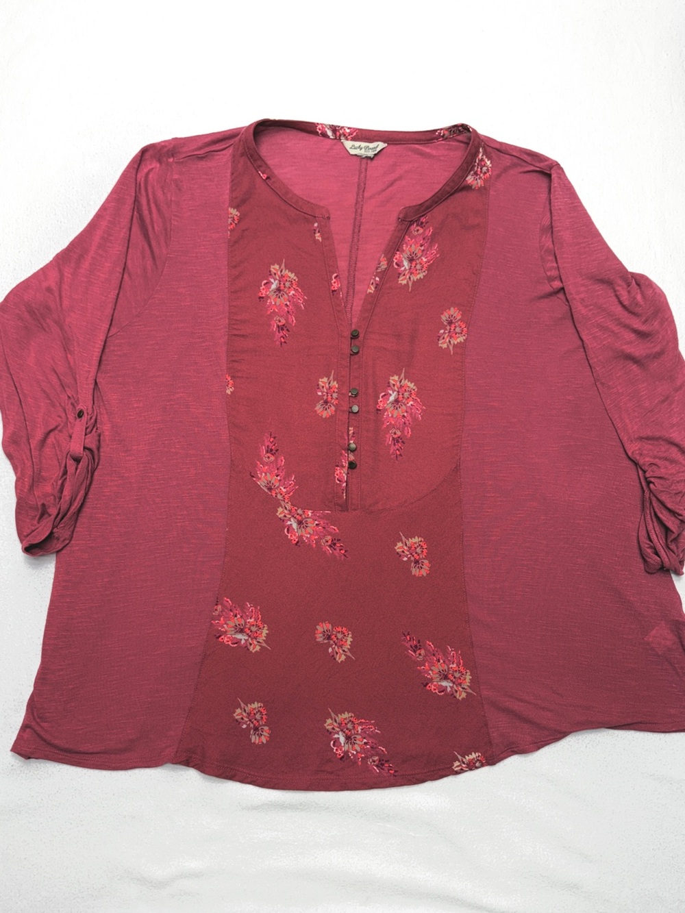 Lucky Brand Floral Blouse Women’s 1X Dark Coral Mauve V Neck Roll Tab